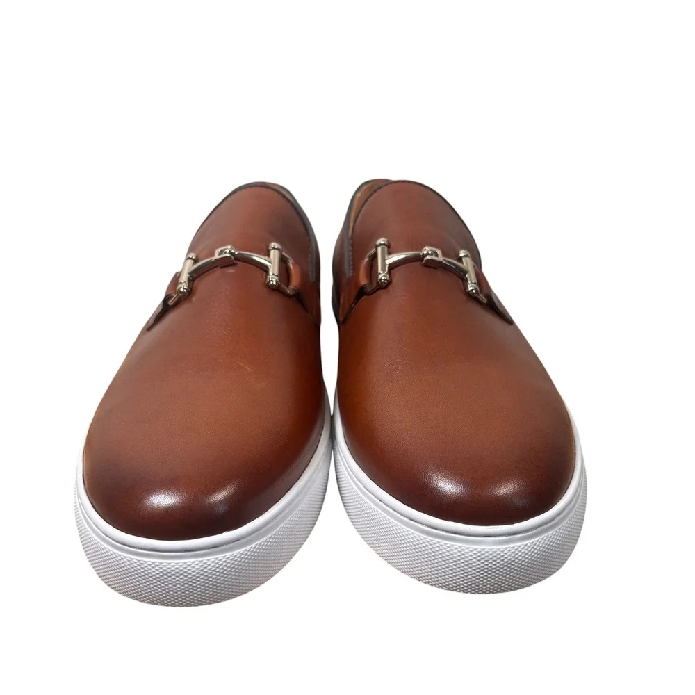 Marc Nolan Mens Cognac Brown Leather Bit Loafer Sneakers Silver Hardware SZ 16